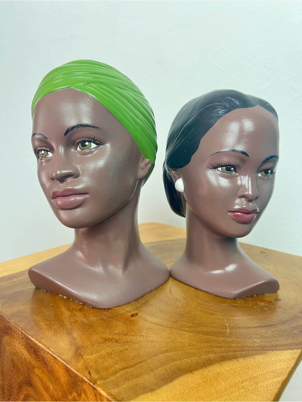 1960’s 70s Set of 2 Hand Painted Ceramic Polynesian Figurine Head Bust Statues